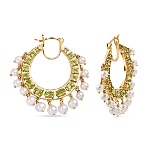 D'Joy Premium Hebei Peridot and Fresh Water Pearl 4.90 ctw Earrings in 18K Vermeil Yellow Gold Over Sterling Silver