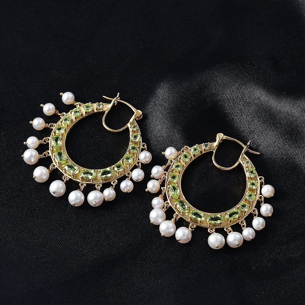 D'Joy Premium Hebei Peridot and Fresh Water Pearl 4.90 ctw Earrings in 18K Vermeil Yellow Gold Over Sterling Silver image number 1