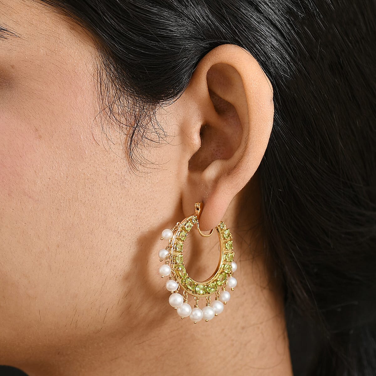 D'Joy Premium Hebei Peridot and Fresh Water Pearl 4.90 ctw Earrings in 18K Vermeil Yellow Gold Over Sterling Silver image number 2