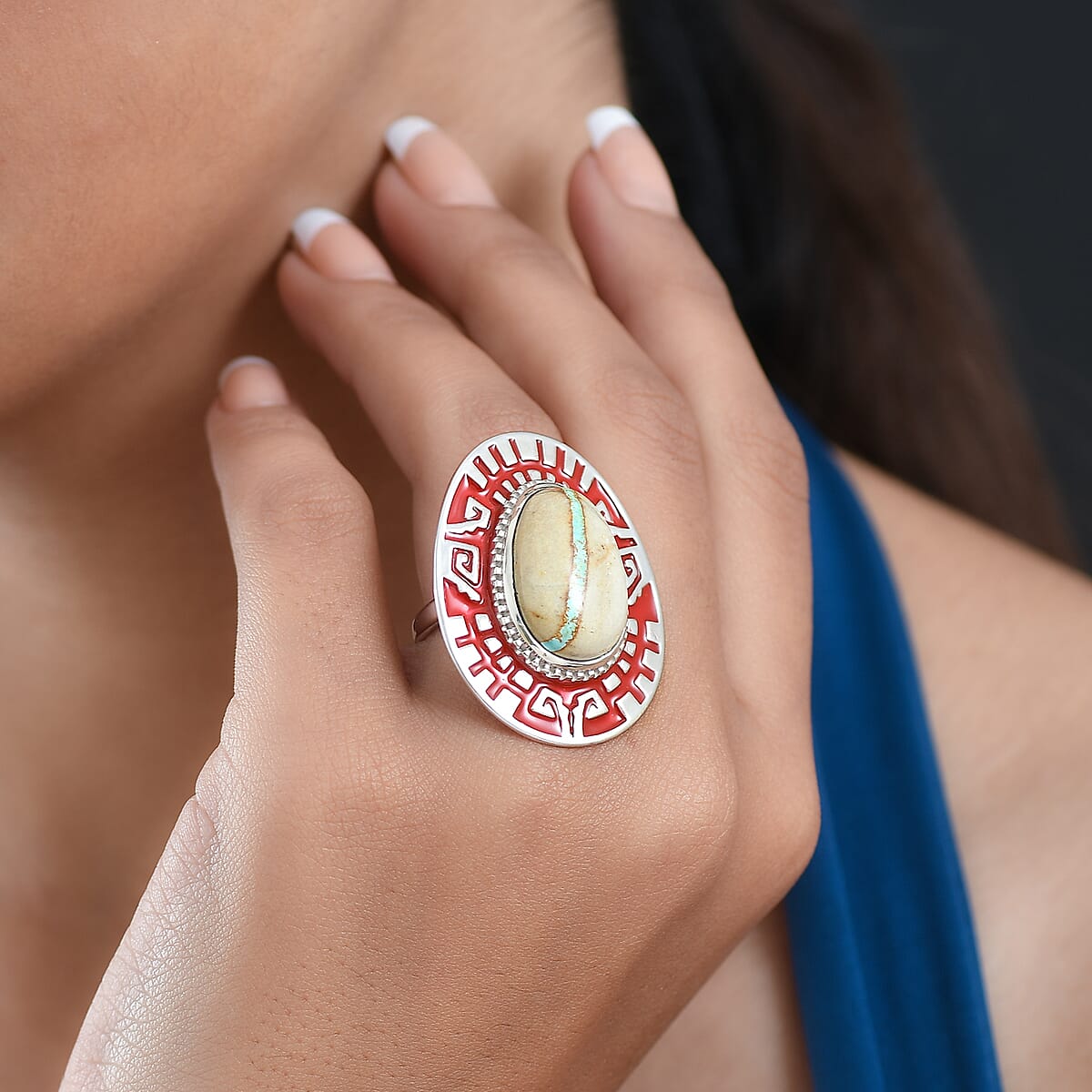 D'Joy Premium Royston Ribbon Turquoise 14.30 ctw Ring in Rhodium Over Sterling Silver (Size 10.0) image number 2