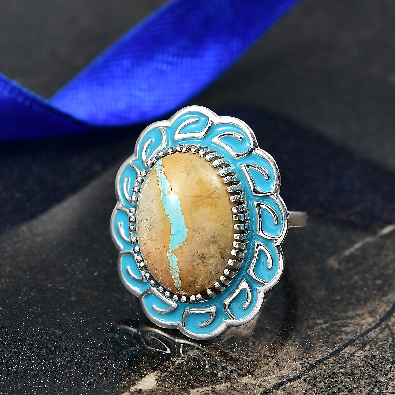 D'Joy Premium Royston Ribbon Turquoise Ring in Rhodium Over Sterling Silver (Size 10.0) 11.90 ctw