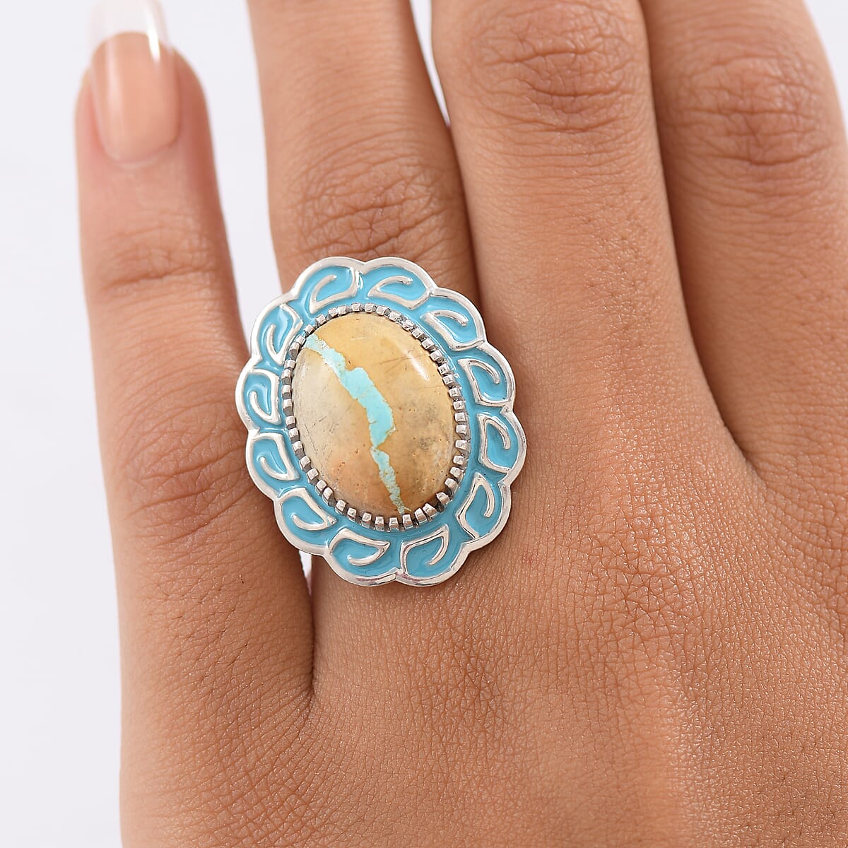 D'Joy Premium Royston Ribbon Turquoise 11.90 ctw Ring in Rhodium Over Sterling Silver (Size 7.0) image number 2