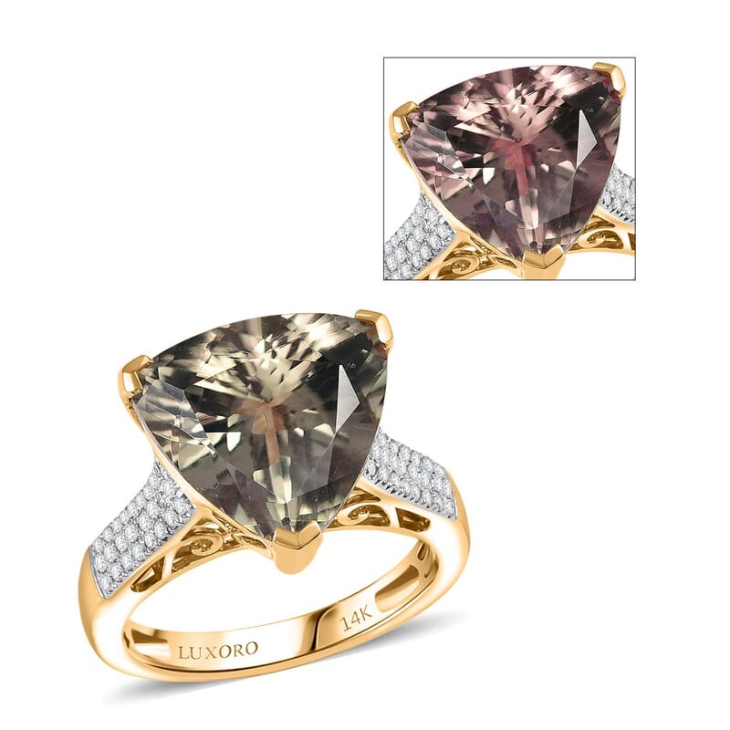 Luxoro AAA Turkizite and G-H I2 Diamond 9.10 ctw Twilight Empress Ring in 14K Yellow Gold (Size 7.0)