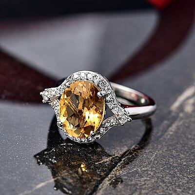 D'Joy Brazilian Citrine, White Zircon Ring in Platinum Over Sterling Silver 3.75 ctw (Size 10.0)