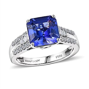Certified & Appraised Rhapsody Asscher Cut AAAA Tanzanite and Diamond E-F VS 4.10 ctw Ring in 950 Platinum (Size 8.0) 6.64 Grams