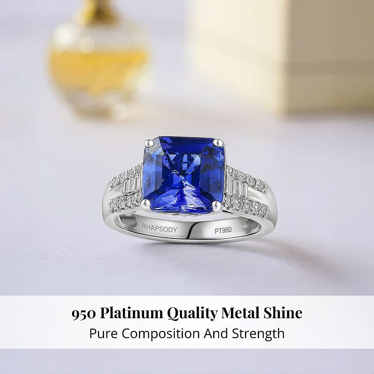 Certified & Appraised Rhapsody Asscher Cut AAAA Tanzanite and Diamond E-F VS 4.10 ctw Ring in 950 Platinum (Size 8.0) 6.64 Grams image number 2
