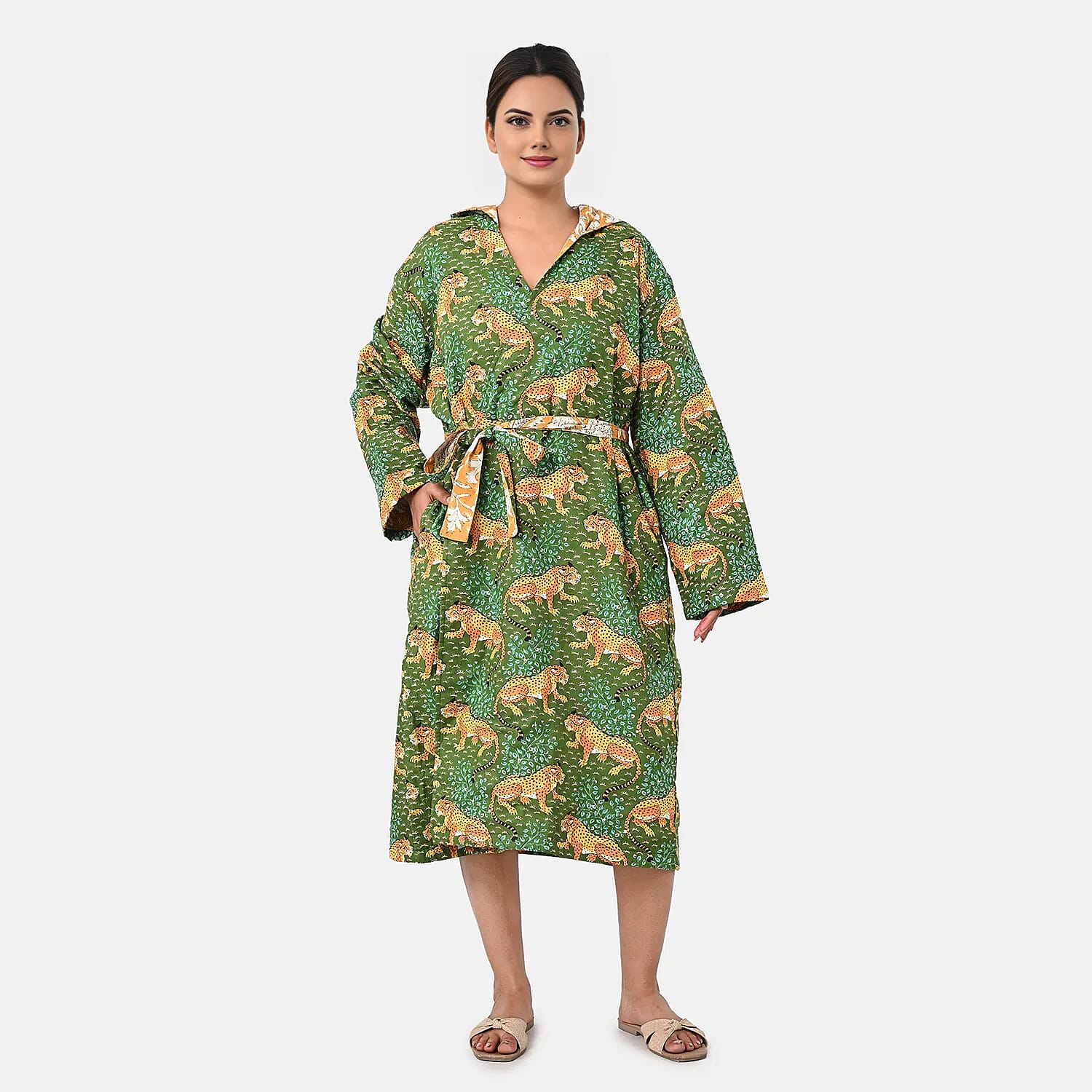 La Marey Green Floral Print Reversible Quilted Cotton Cambric Outerwear with Belt - One Size Fits Most