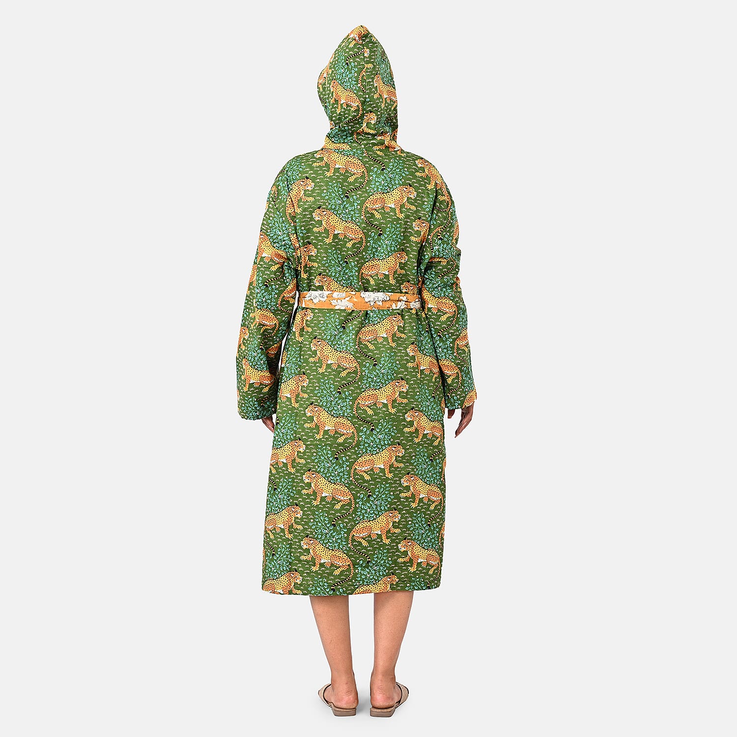 La Marey Green Floral Print Reversible Quilted Cotton Cambric Outerwear with Belt - One Size Fits Most