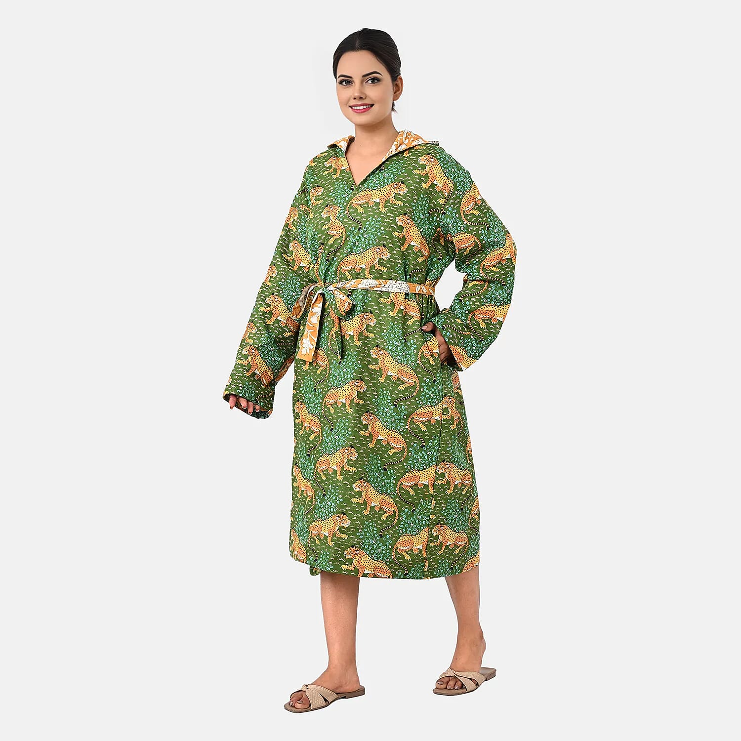 La Marey Green Floral Print Reversible Quilted Cotton Cambric Outerwear with Belt - One Size Fits Most