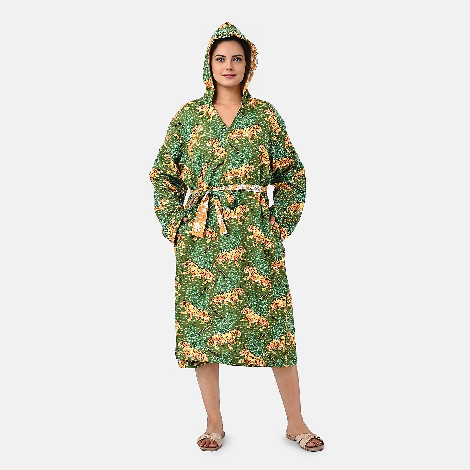 La Marey Green Floral Print Reversible Quilted Cotton Cambric Outerwear with Belt - One Size Fits Most