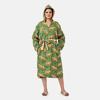 La Marey Green Floral Print Reversible Quilted Cotton Cambric Outerwear with Belt - One Size Fits Most