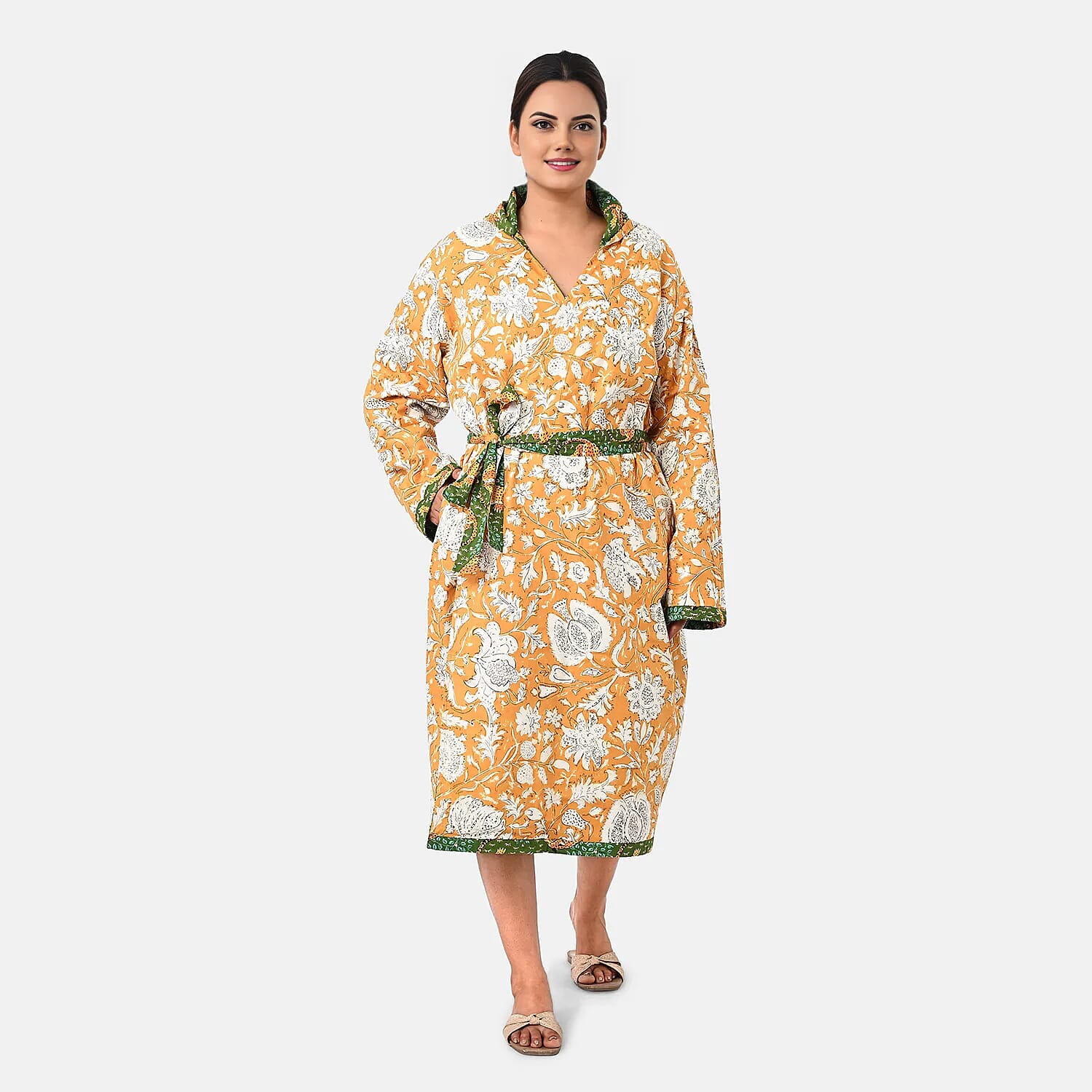 La Marey Green Floral Print Reversible Quilted Cotton Cambric Outerwear with Belt - One Size Fits Most
