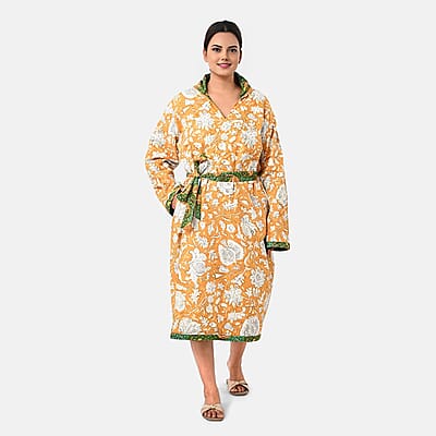 La Marey Green Floral Print Reversible Quilted Cotton Cambric Outerwear with Belt - One Size Fits Most