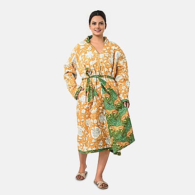 La Marey Green Floral Print Reversible Quilted Cotton Cambric Outerwear with Belt - One Size Fits Most