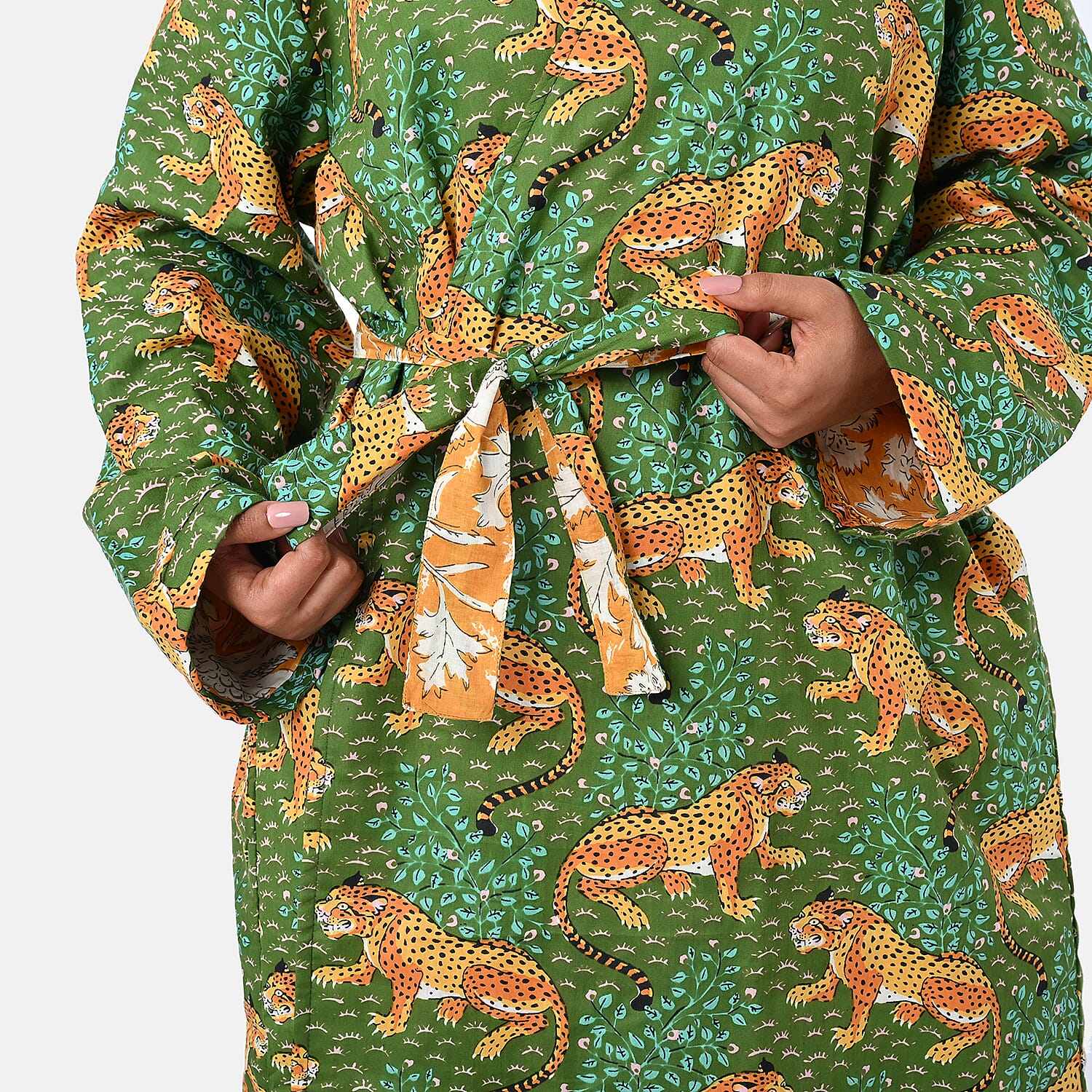 La Marey Green Floral Print Reversible Quilted Cotton Cambric Outerwear with Belt - One Size Fits Most