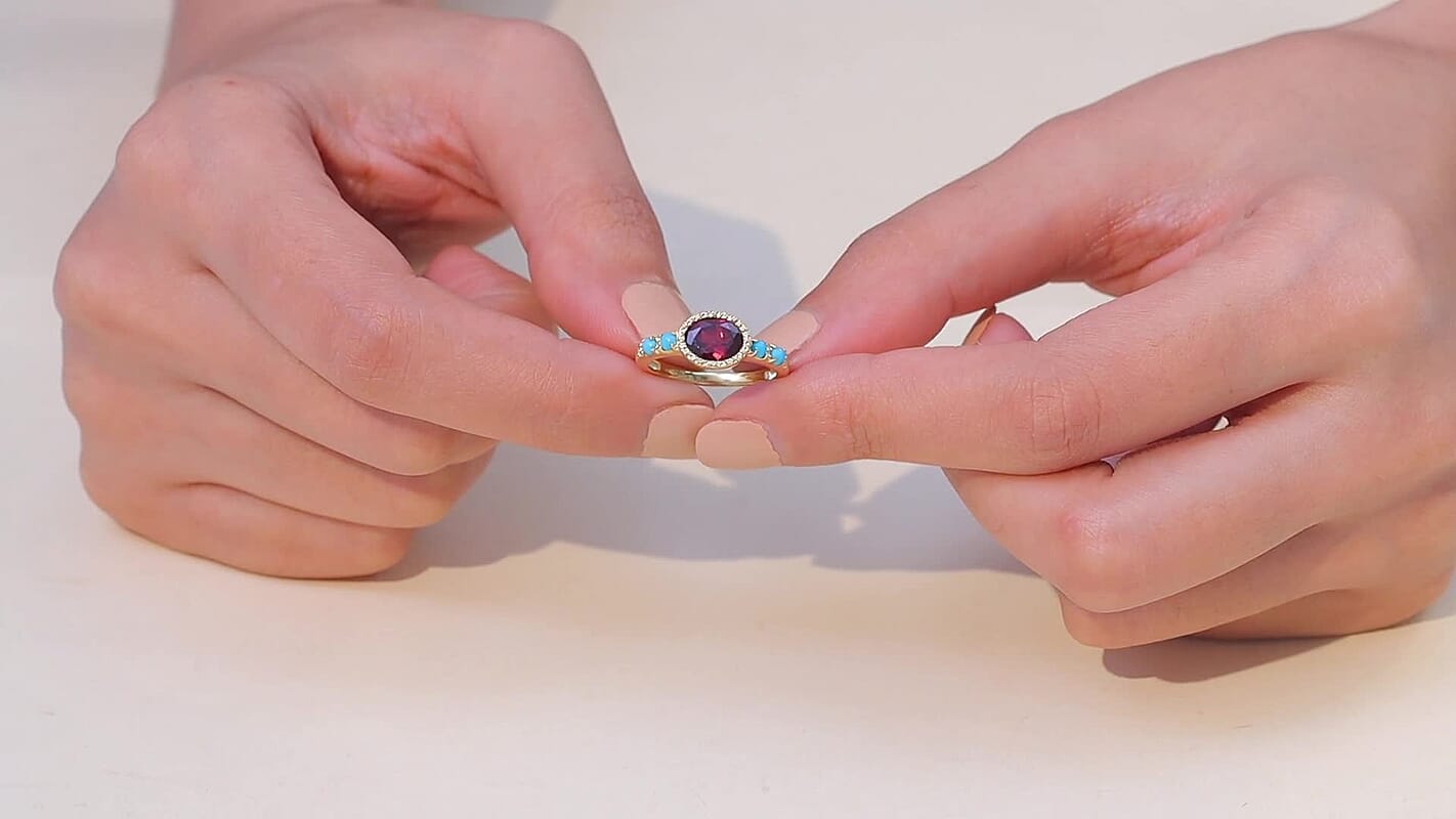 D'Joy Premium Orissa Rhodolite Garnet, Sleeping Beauty Turquoise Ring in 18K Vermeil YG Over Sterling Silver (Size 10.0) 1.80 ctw