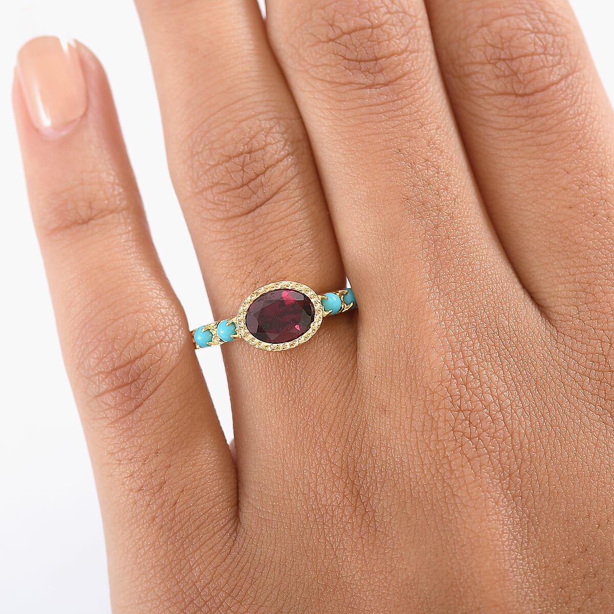 D'Joy Premium Orissa Rhodolite Garnet and Sleeping Beauty Turquoise 1.80 ctw Ring in 18K Vermeil Yellow Gold Over Sterling Silver (Size 10.0) image number 2