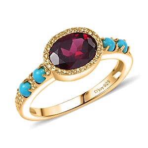 D'Joy Premium Orissa Rhodolite Garnet and Sleeping Beauty Turquoise 1.80 ctw Ring in 18K Vermeil Yellow Gold Over Sterling Silver (Size 6.0)