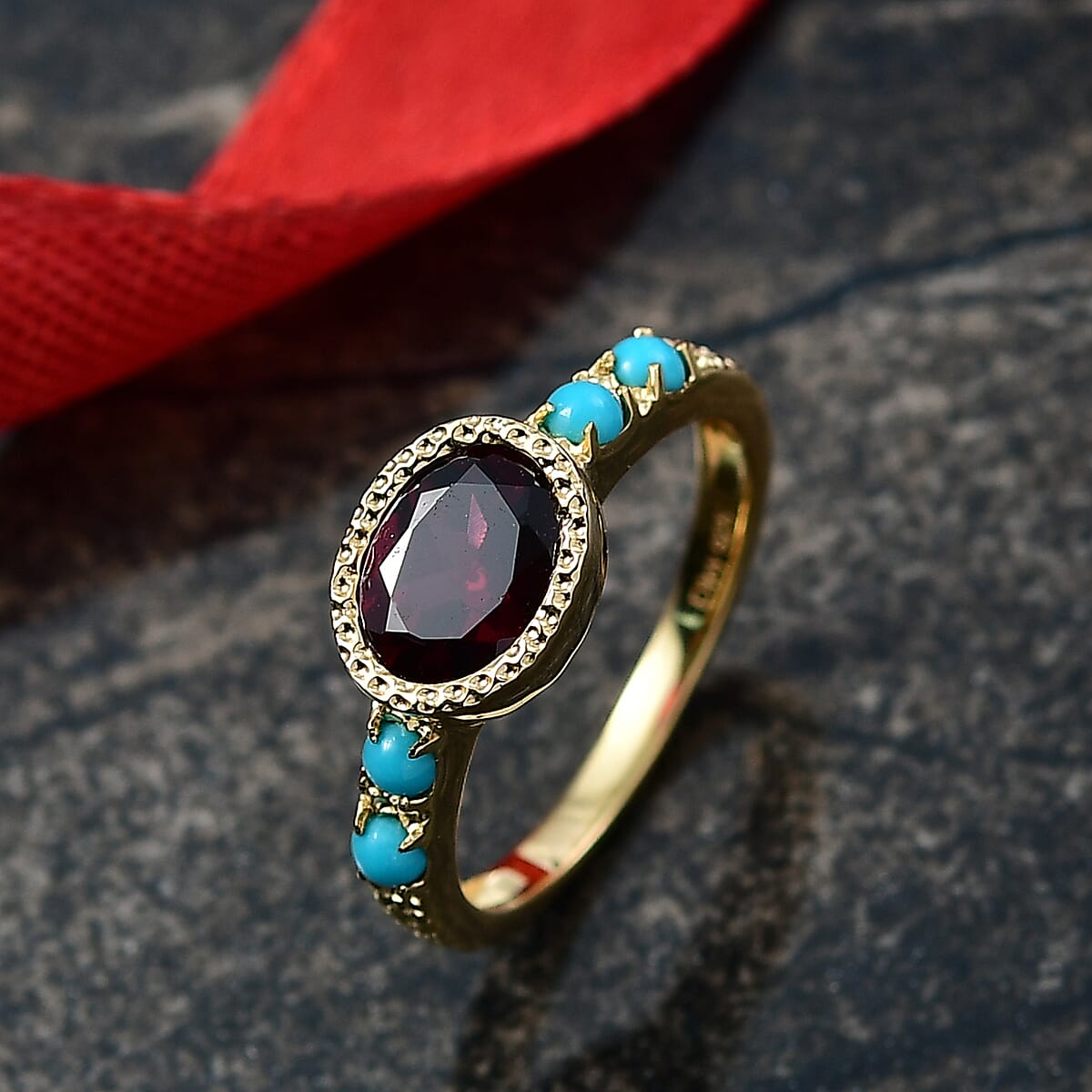 D'Joy Premium Orissa Rhodolite Garnet and Sleeping Beauty Turquoise 1.80 ctw Ring in 18K Vermeil Yellow Gold Over Sterling Silver (Size 9.0) image number 1