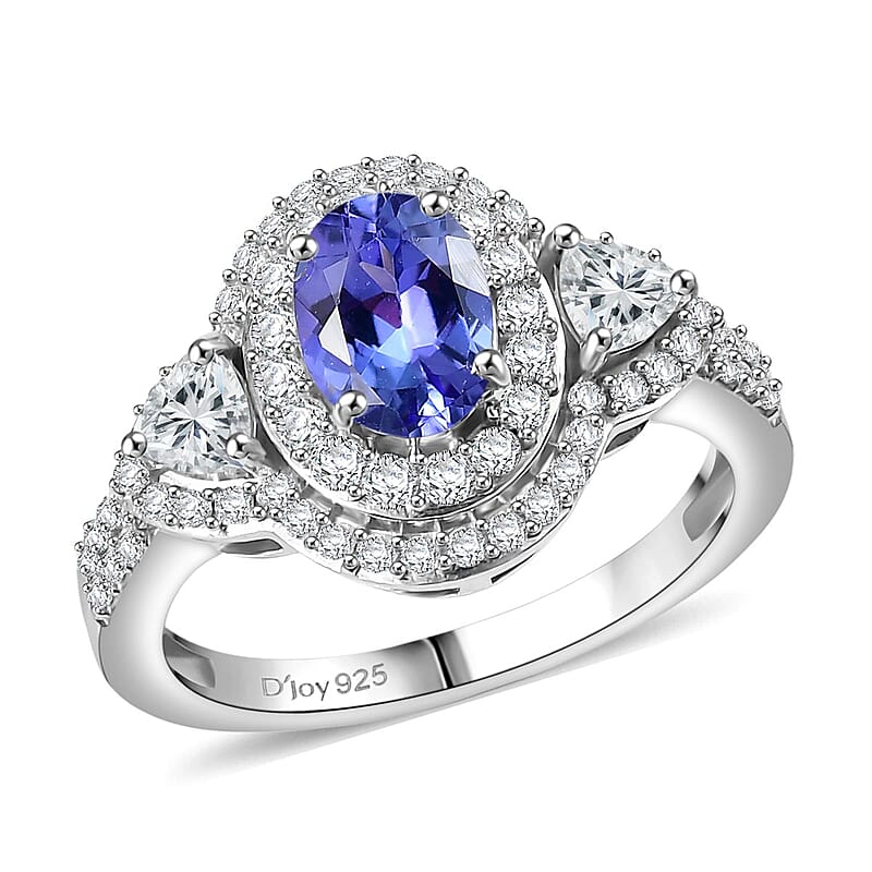 D'Joy Premium Tanzanite and Moissanite 2.00 ctw Art Deco Ring in Rhodium Over Sterling Silver (Size 10.0)