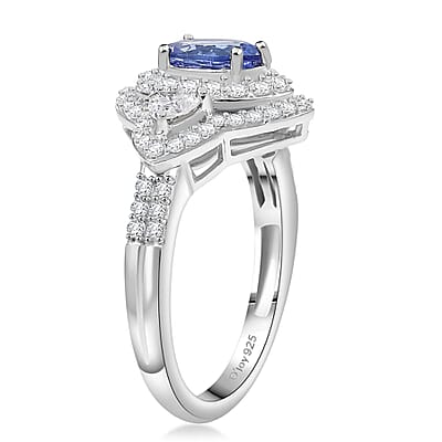 D'Joy Premium Tanzanite and Moissanite 2.00 ctw Art Deco Ring in Rhodium Over Sterling Silver (Size 10.0)