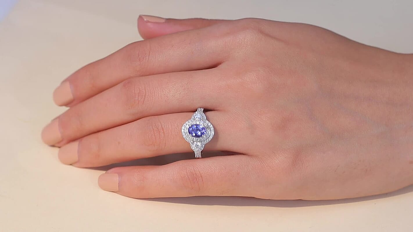 D'Joy Premium Tanzanite and Moissanite 1.80 ctw Art Deco Ring in Rhodium Over Sterling Silver (Size 9.0) 