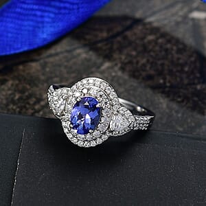 D'Joy Premium Tanzanite and Moissanite 2.00 ctw Art Deco Ring in Rhodium Over Sterling Silver (Size 6.0)