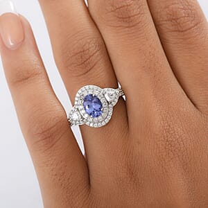 D'Joy Premium Tanzanite and Moissanite 2.00 ctw Art Deco Ring in Rhodium Over Sterling Silver (Size 6.0)
