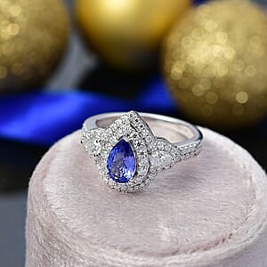 D'Joy Premium Tanzanite and Moissanite 1.85 ctw Art Deco Ring in Rhodium Over Sterling Silver (Size 10.0)