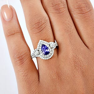 D'Joy Premium Tanzanite and Moissanite 1.85 ctw Art Deco Ring in Rhodium Over Sterling Silver (Size 10.0)