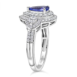 D'Joy Premium Tanzanite and Moissanite 1.85 ctw Art Deco Ring in Rhodium Over Sterling Silver (Size 7.0)