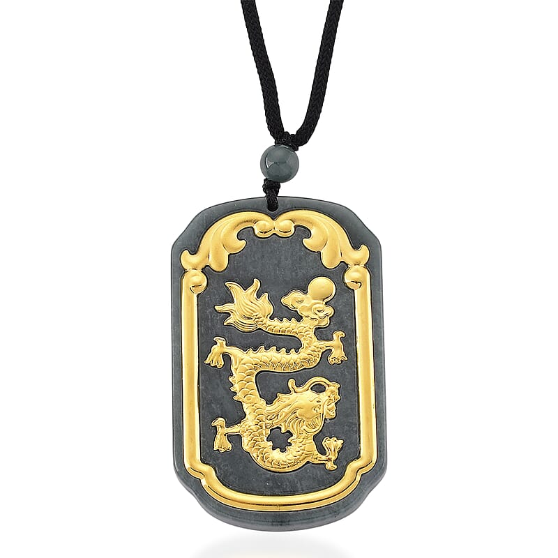 24K Yellow Gold Natural Olmec Jadeite 125.00 ctw Dragon Carved Pendant with Beaded Necklace (28 Inches)