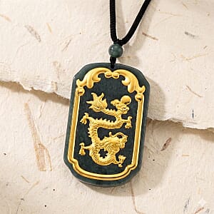 24K Yellow Gold Natural Olmec Jadeite 125.00 ctw Dragon Carved Pendant with Beaded Necklace (28 Inches)