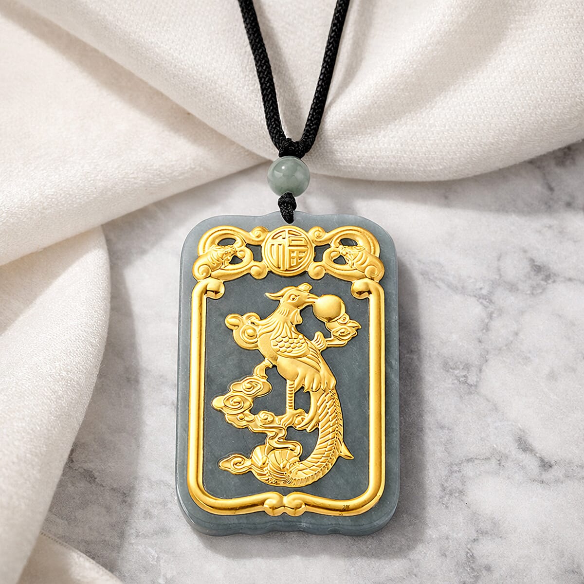 24K Yellow Gold Natural Olmec Jadeite 125.00 ctw Phoenix Carved Pendant with Beaded Necklace (28 Inches) image number 1