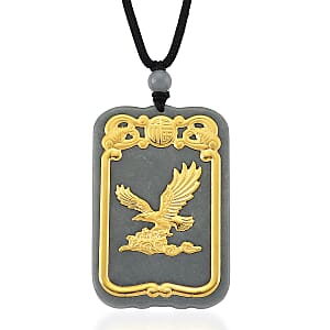 24K Yellow Gold Natural Olmec Jadeite 125.00 ctw Eagle Carved Pendant with Beaded Necklace (28 Inches)
