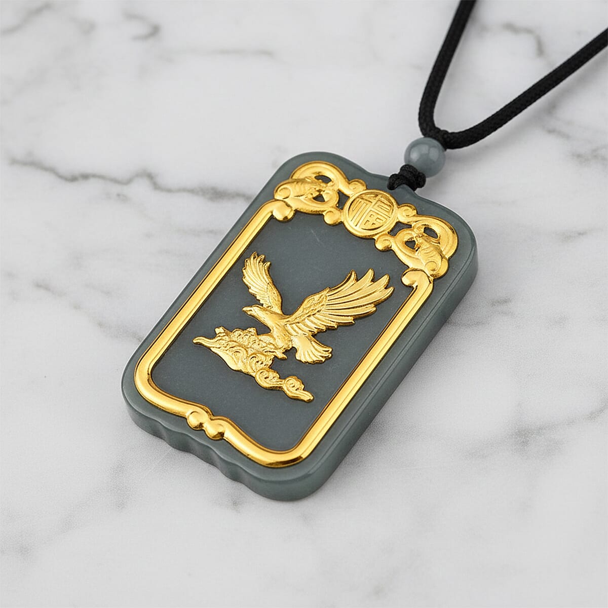 24K Yellow Gold Natural Olmec Jadeite 125.00 ctw Eagle Carved Pendant with Beaded Necklace (28 Inches) image number 1