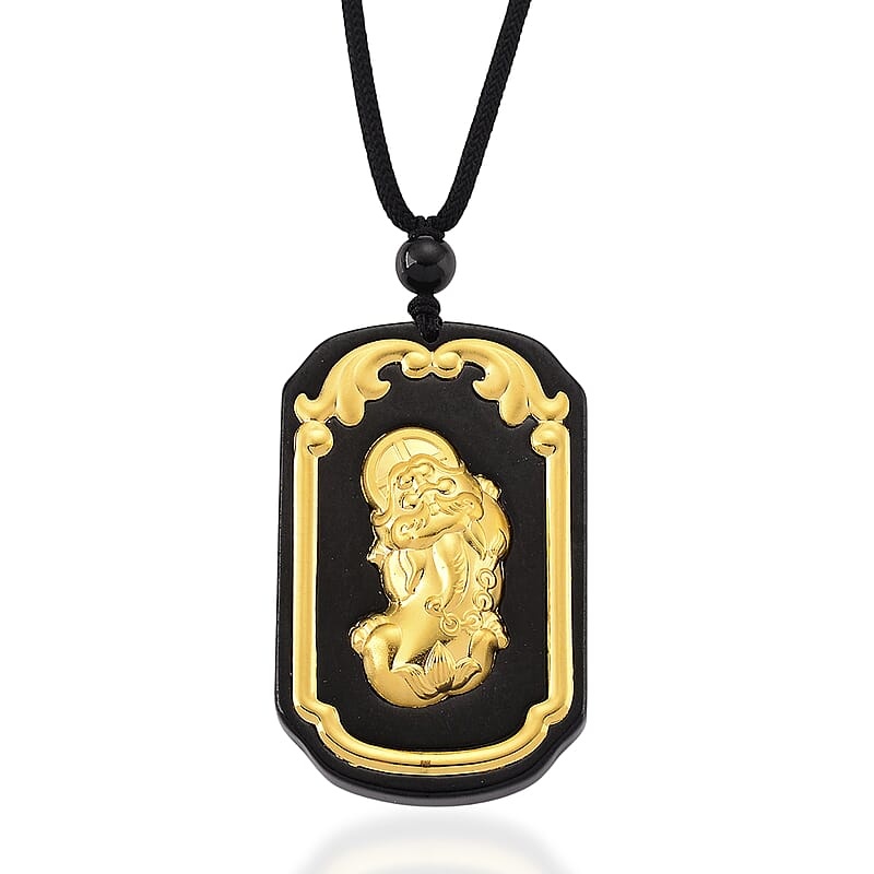 24K Yellow Gold Natural Black Jade 125.00 ctw Pixiu Carved Pendant with Beaded Necklace (28 Inches)