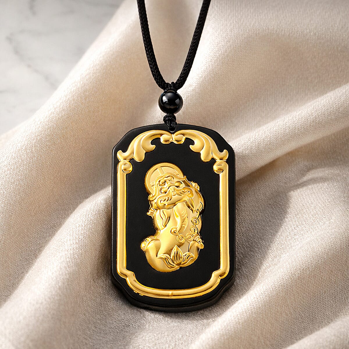 24K Yellow Gold Black Jade 125.00 ctw Dragon Carved Pendant with Beaded Necklace (28 Inches) image number 1