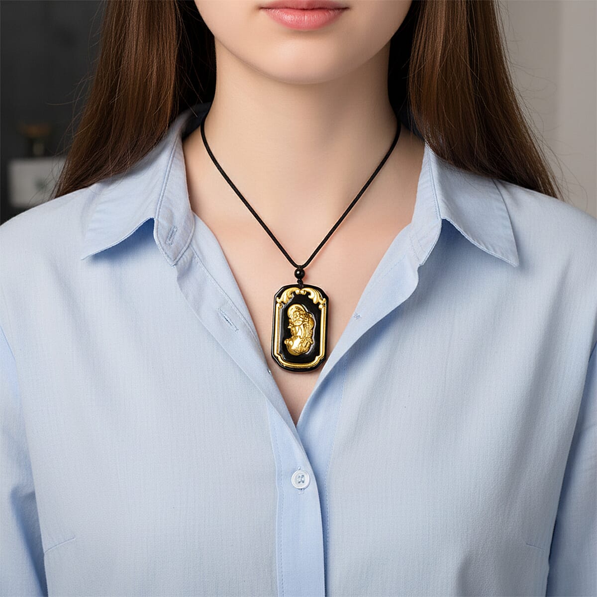 24K Yellow Gold Black Jade 125.00 ctw Dragon Carved Pendant with Beaded Necklace (28 Inches) image number 2