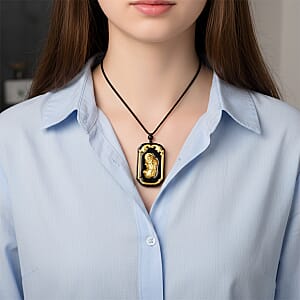 24K Yellow Gold Black Jade 125.00 ctw Dragon Carved Pendant with Beaded Necklace (28 Inches)