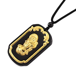 24K Yellow Gold Black Jade 125.00 ctw Dragon Carved Pendant with Beaded Necklace (28 Inches)