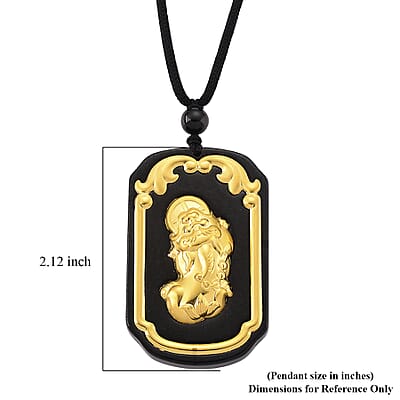 24K Yellow Gold Natural Black Jade 125.00 ctw Pixiu Carved Pendant with Beaded Necklace (28 Inches)