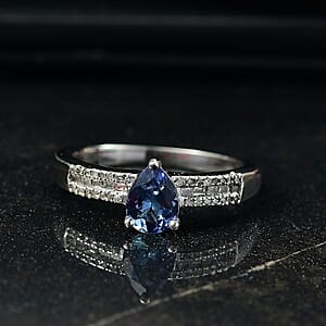 D'Joy Peacock Tanzanite, Diamond (0.16 cts) Ring in Rhodium Over Sterling Silver (Size 10.0) 0.90 ctw