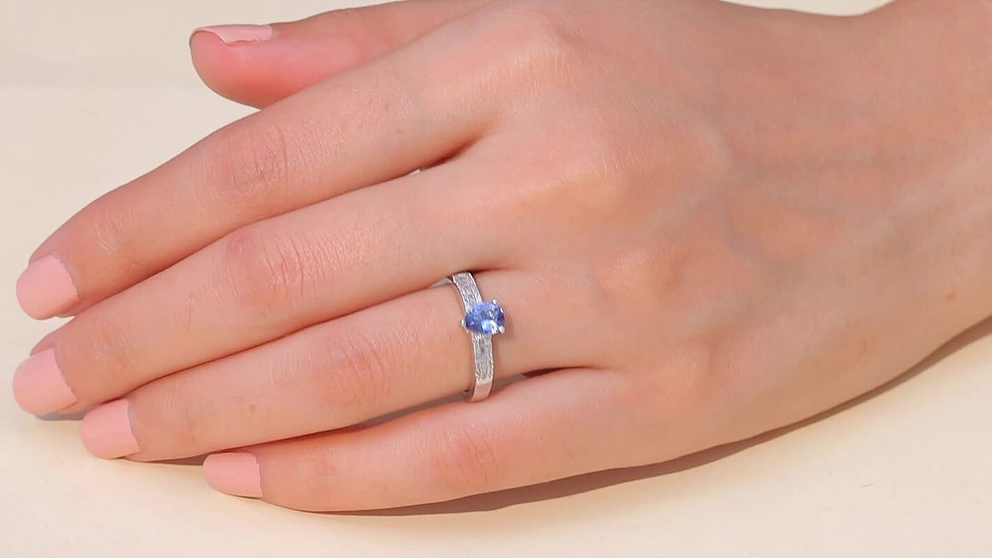 D'Joy Peacock Tanzanite, Diamond (0.16 cts) Ring in Rhodium Over Sterling Silver (Size 7.0) 0.90 ctw