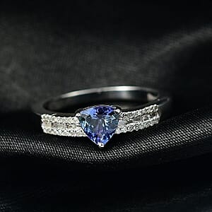 D'Joy Peacock Tanzanite, Diamond (0.16 cts) Ring in Rhodium Over Sterling Silver (Size 10.0) 0.90 ctw