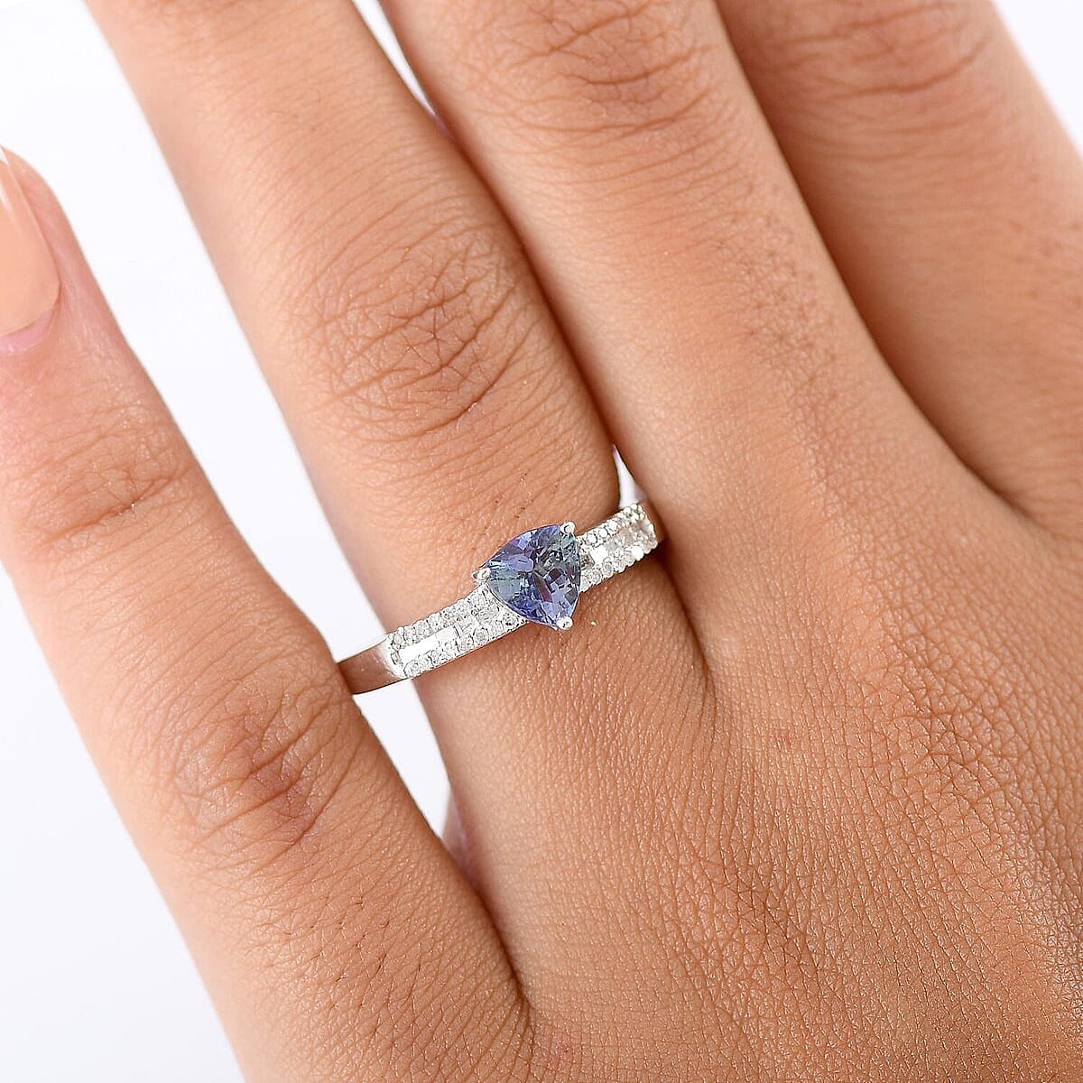 D'Joy Peacock Tanzanite, Diamond 0.90 ctw Ring in First Drop of Dawn Light Rhodium Over Sterling Silver (Size 7.0)  image number 2