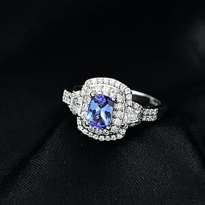 D'Joy Premium Tanzanite and Moissanite 1.85 ctw Art Deco Ring in Rhodium Over Sterling Silver (Size 10.0)