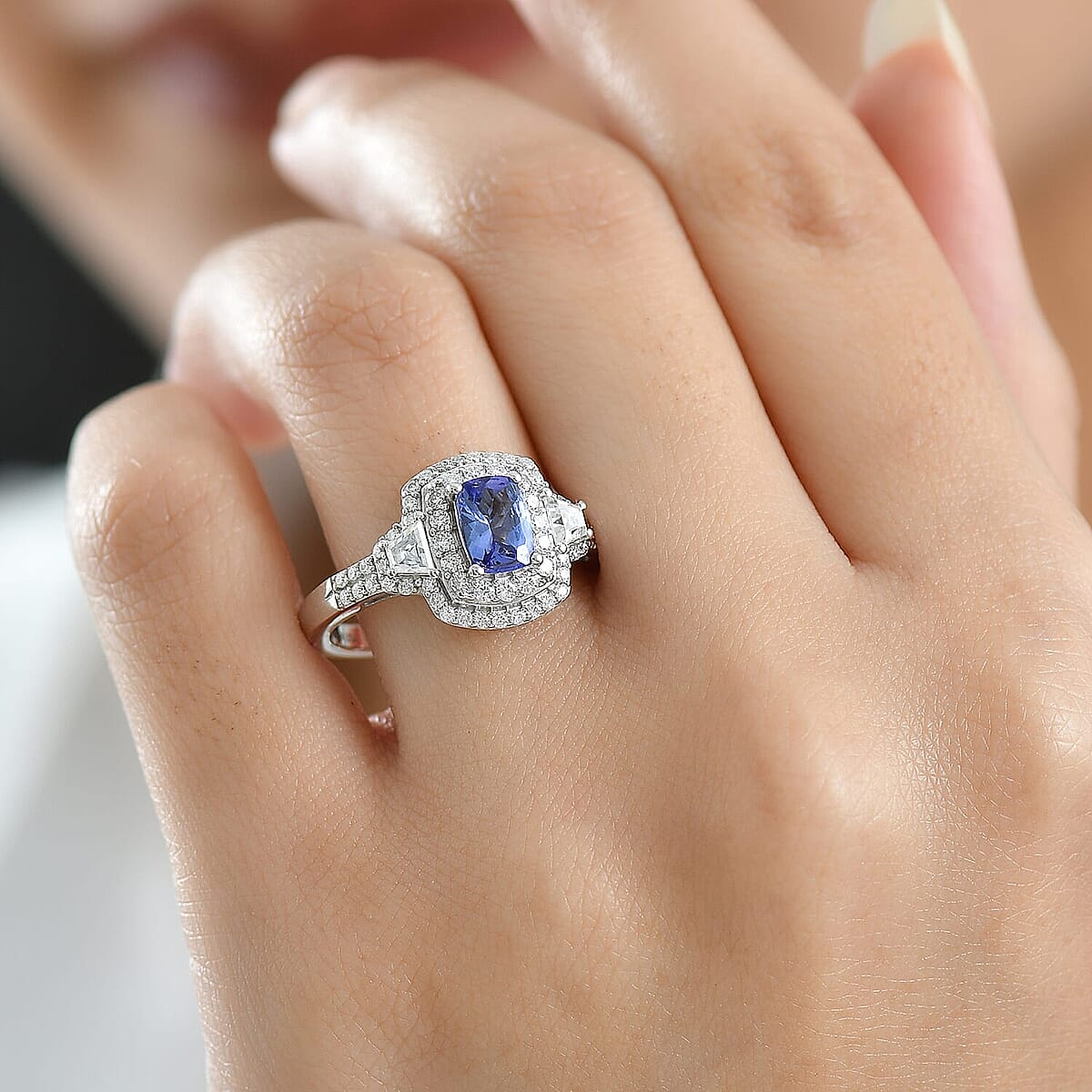 D'Joy Premium Tanzanite and Moissanite 1.85 ctw Art Deco Ring in Rhodium Over Sterling Silver (Size 10.0) image number 2