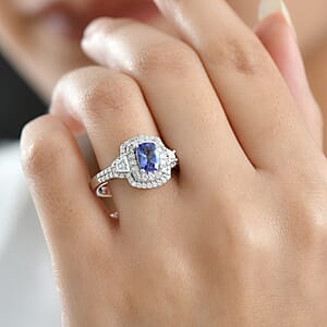 D'Joy Premium Tanzanite and Moissanite 1.85 ctw Art Deco Ring in Rhodium Over Sterling Silver (Size 10.0)