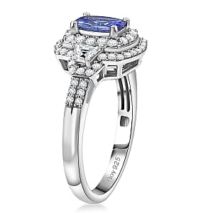 D'Joy Premium Tanzanite and Moissanite 1.85 ctw Art Deco Ring in Rhodium Over Sterling Silver (Size 10.0)